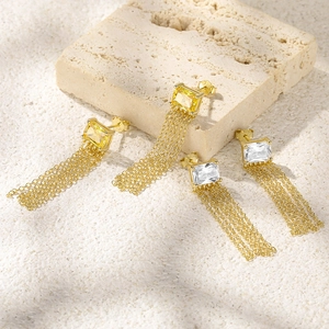 Macro shot of S925 silver long fringe earrings with yellow and white square gemstones