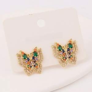 Exquisite gold-plated butterfly earrings with multi-color zircon stones on white card