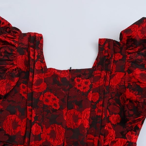 Floral jacquard mini dress with ruffle sleeves and square neckline in deep red tones