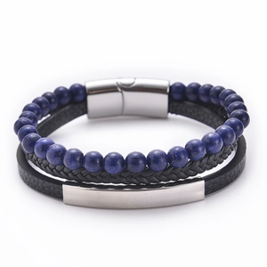 Detail of multi-layer leather bracelet with blue natural stone beads and magnetic clasp
