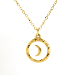 Close-up of golden crescent moon pendant with a hammered texture on a round frame necklace