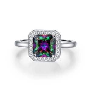 Elegant S925 silver ring featuring a square rainbow faux diamond with zircon halo