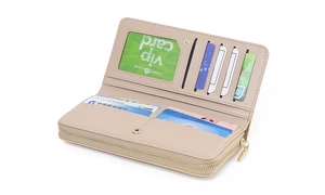 Lange beige PU-Leder Geldbörse mit Reißverschluss und mehreren Kartenfächern für Damen