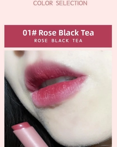 Detailed swatch of Rose Black Tea matte lipstick showing soft velvet texture on lips