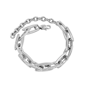 Detail view of industrial style silver steel chain bracelet with lobster clasp and extender
