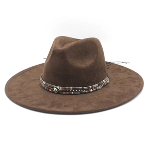 Western Cowboy Fedora Hat Suede Polyester Felt Evil Eye Pendant Rivet Braided Band Bohemian Ethnic Jazz Cap Women Men