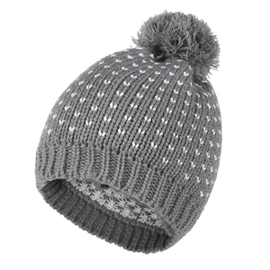 Detail der grauen Strickmütze mit Herzmuster, Kunstfell-Bommel und warmem Fleece-Futter