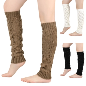 Thick knit leg warmers with hollow leaf pattern in khaki, beige, and black colors