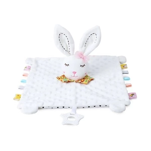 Detail of plush baby security blanket with rabbit head, colorful tags, and star teether
