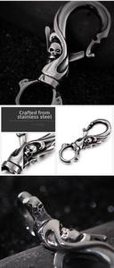 Macro shot of gothic skull keychain in antique silver finish made of high grade stainless steel