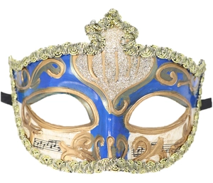 Vintage Venetian masquerade mask in royal blue and champagne gold with musical notes