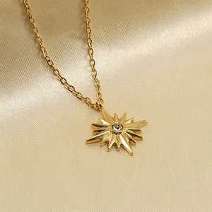 Eight-Pointed Starburst Pendant Necklace 18K Gold Plated Stainless Steel Zircon Inlaid Vintage Jewelry For Women
