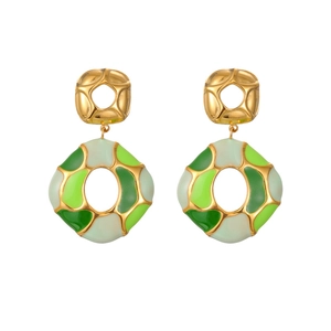 Fashion geometric square earrings with gold metal base and green enamel inlay design