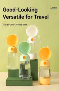 Portable pet water bottle detail showing colorful leak-proof dispensers with hanging ropes