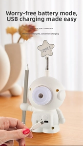 Detail of astronaut electric sharpener showing Micro-USB charging port and USB cable