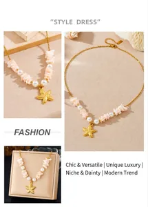 Detailed view of bohemian starfish pendant necklace with pearls and shell stones