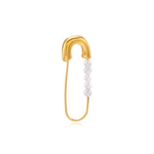 Vintage gold paperclip earrings with five elegant imitation pearls on white background
