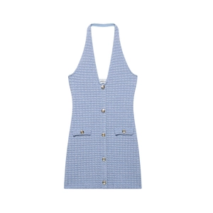 Halter Mini Dress Tweed Knit V Neck Gold Buttons Elegant Bodycon Slim Fit Light Blue Sophisticated Chic Dress For Women