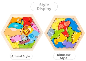 Detail view of hexagonal wooden puzzles featuring colorful animal and dinosaur shapes