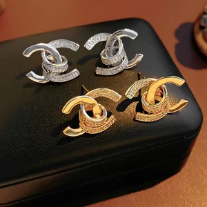 Elegant Double C Stud Earrings Zircon Copper Jewelry With Silver Earring Post Vintage Luxury Gift For Women