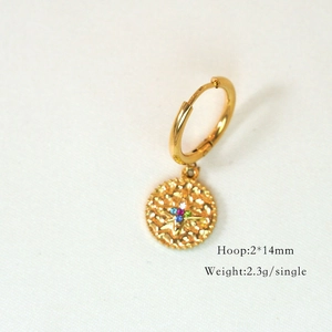 Detail view of 14K gold hoop earring with textured disc pendant and dimensions