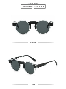 Front and side views of vintage round frame sunglasses with transparent black frames