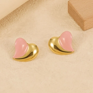 Chic 18K gold plated stainless steel heart earrings with pink enamel inlay finish
