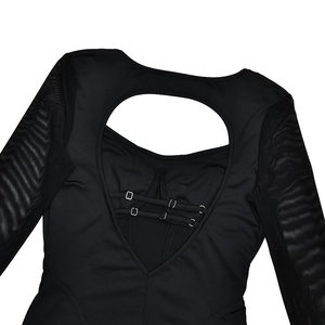 Detail of sexy backless bodysuit with mesh sleeves, cross straps and metal buckle rings