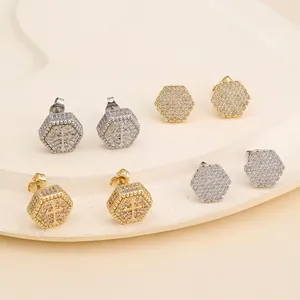 Hexagon zircon stud earrings with cross motif in gold and silver plating