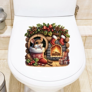 Christmas mouse decal with holiday socks and gifts on a white bathroom toilet lid