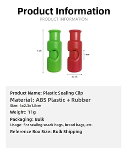 Infographic showing dimensions 6x2.3x1.8cm of plastic food bag sealer clips in red and green