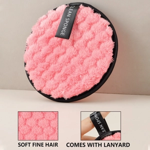 Pink plush makeup remover puff with clean sponge lanyard and soft fine fiber texture