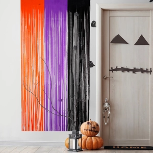 Orange purple and black foil fringe curtain for Halloween party backdrop decoration