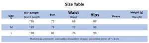 Detailed size chart for floral maxi dress including length, bust, waist, and hips measurements