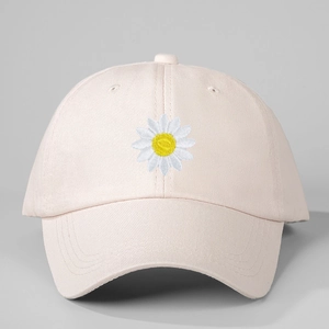 Pink adjustable cotton baseball cap with daisy embroidery and curved brim for women