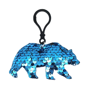 Blue sequin bear keychain with black lobster clasp charm on white background