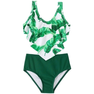 Maillot de bain deux pièces fille avec haut à volants tropicaux et culotte verte taille haute