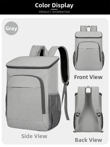 Three-way view showing front, back, and side of the grey insulated thermal backpack