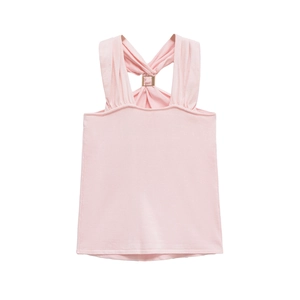 Detail of pink knit halter top showing fine ribbed texture and soft fabric quality