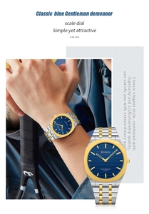 Detail view of ultra-thin waterproof square watch with blue dial and gold-silver metal band