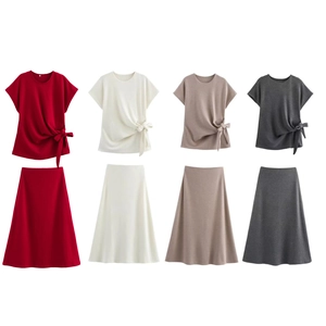 Women's 2-piece knit set with side-knot top and A-line skirt in four colors