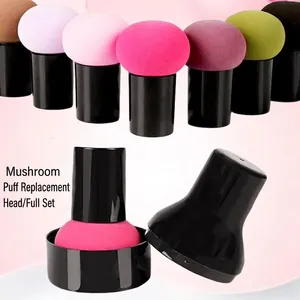 Colorful mushroom makeup sponge set with black handles and storage bases on pink background