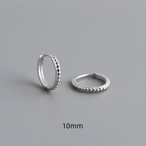 Close-up of S925 sterling silver hoop earring with dotted texture and 10mm size mark