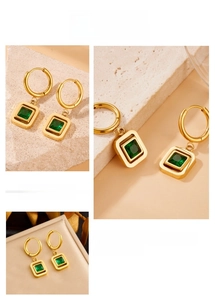 Detailed close-up of emerald square earrings in 18K gold-plated stainless steel