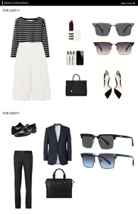 Flat lay of men's and women's fashion outfits featuring stylish square frame sunglasses