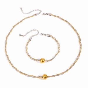 Dual-tone stainless steel jewelry set featuring woven chain necklace and bracelet with gold beads