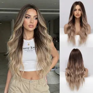 Detailed views of long wavy ombre blonde synthetic wig with voluminous curls for women