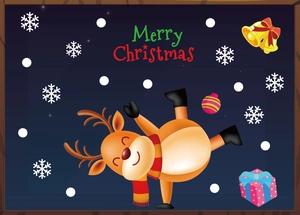 Detailed Christmas window sticker showing a reindeer, gift box, bells, and snowflakes