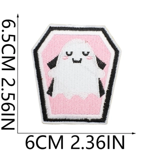 Detailed embroidery patch showing dimensions of a cute pink ghost in a coffin shape