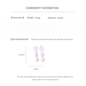 Infographic showing 10cm acrylic geometric tassel earrings with 12.5cm length details